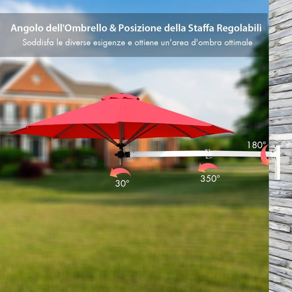Ombrellone da Parete 247 cm, Ombrellone da Muro per Giardino con Angolo Regolabile, Parasole Esterno Pieghevole Anti UV, per Giardino, Balcone e Cortile (Rosso)