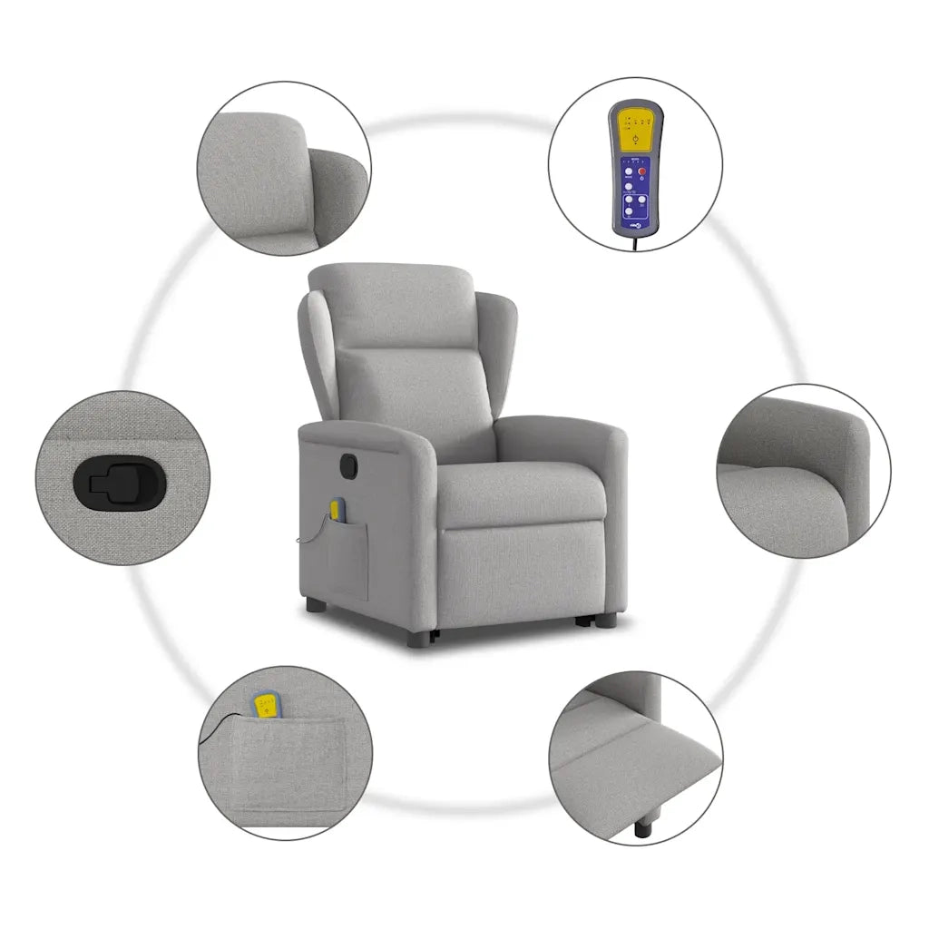 Poltrona | Sedia Relax Alzapersona Massaggi Reclinabile Grigio Nuvola Tessuto