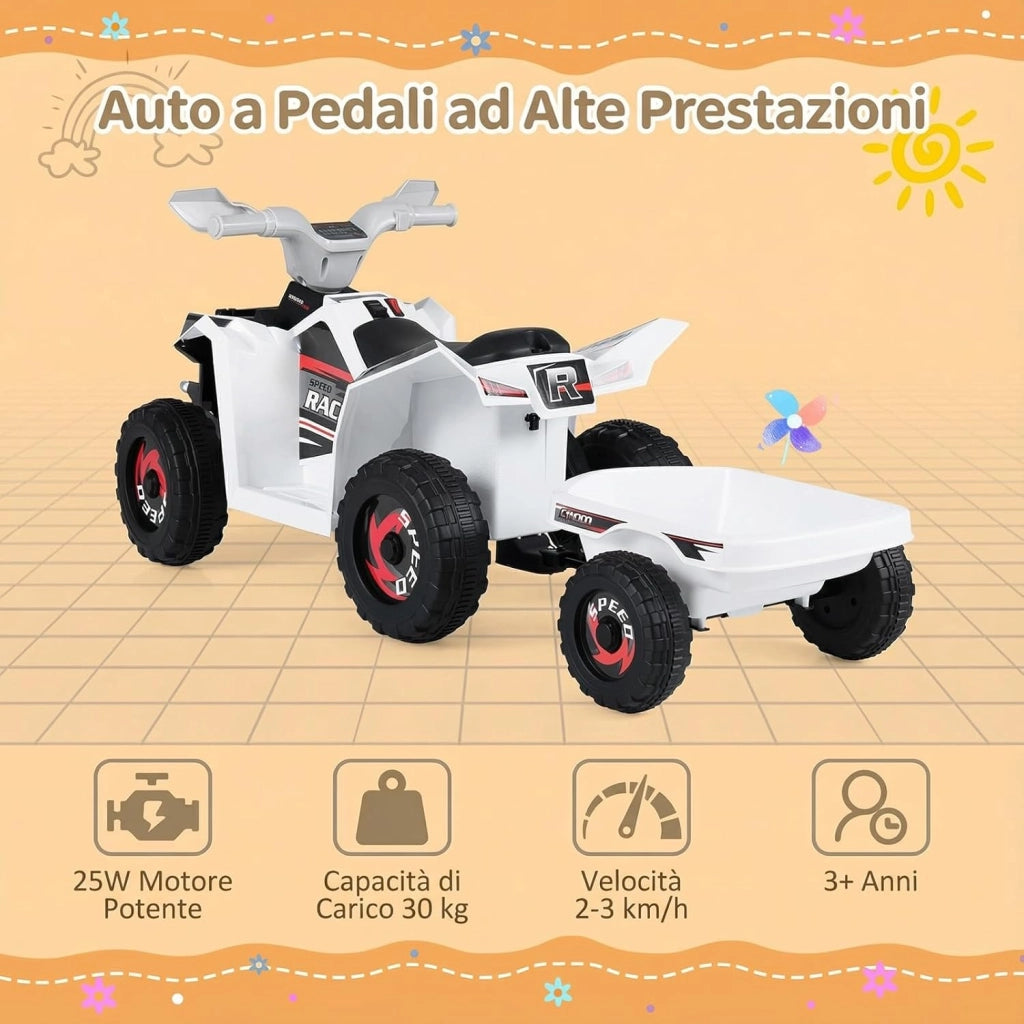 Quad Elettrico per Bambini, ATV elettrico con Rimorchio Posteriore, Macchina Giocattolo a Motore con Ruote Resistenti, 2-3 km/h, Veicolo per Bambini 3 Anni+ (Bianco)