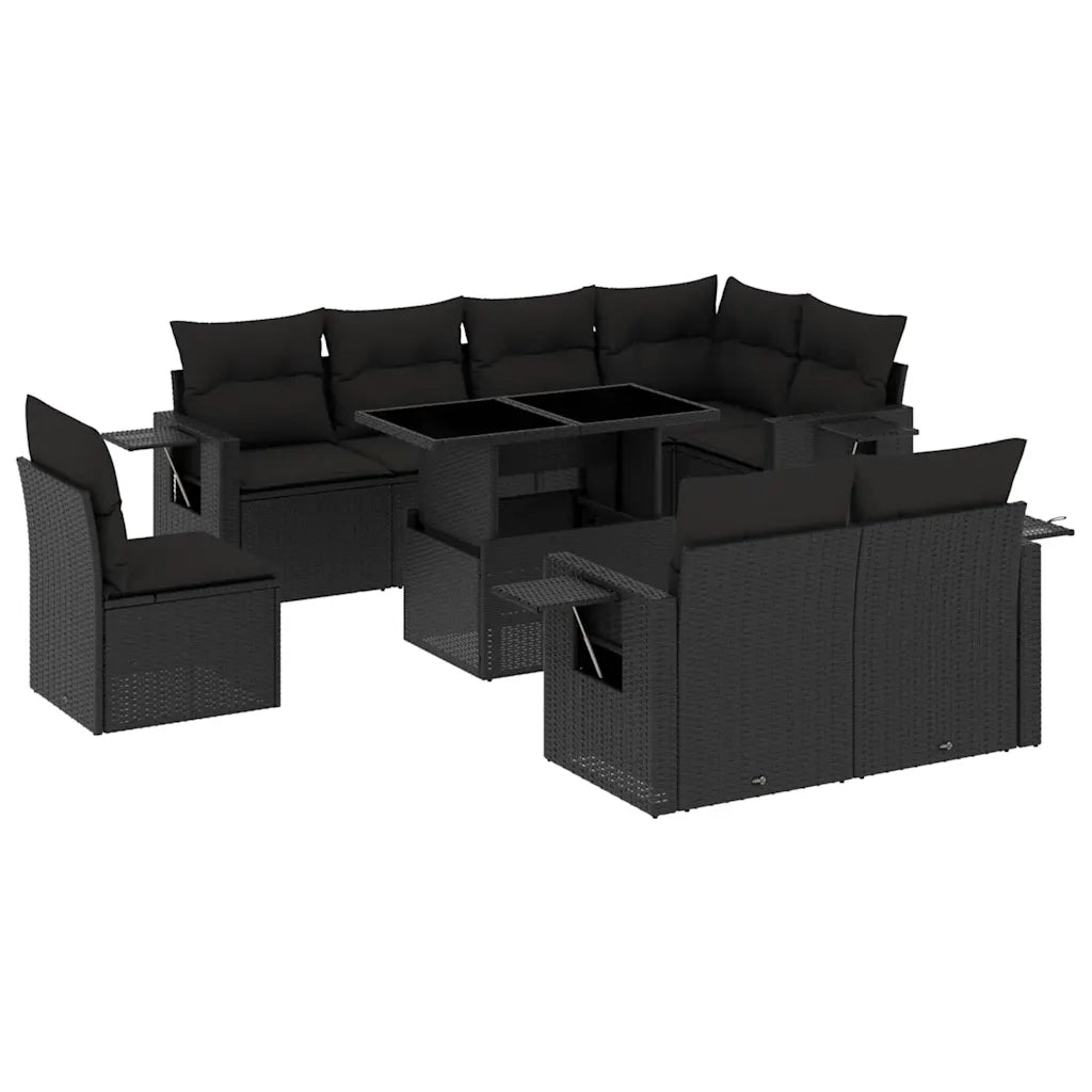 Set Divani da Giardino 9 pz con Cuscini Nero in Polyrattan
