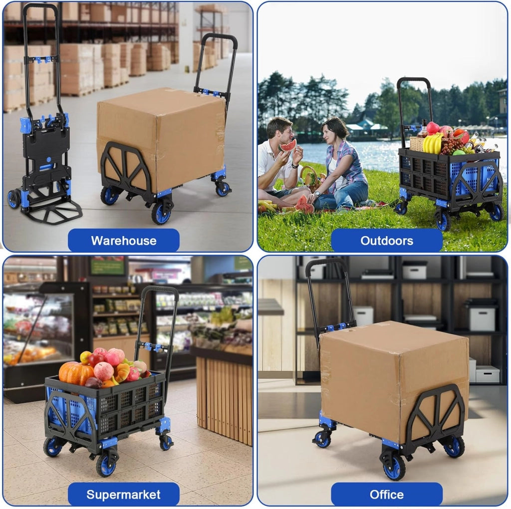 Carrello 2-in-1 con con Grande Scatola Pieghevole, Carrello a Piattaforma max. 150 kg, 2 Elastici con Gancio, Regolabile in Altezza a 3 Livelli, per Trasporto, Shopping, Campeggio, Trasloco (Blu)