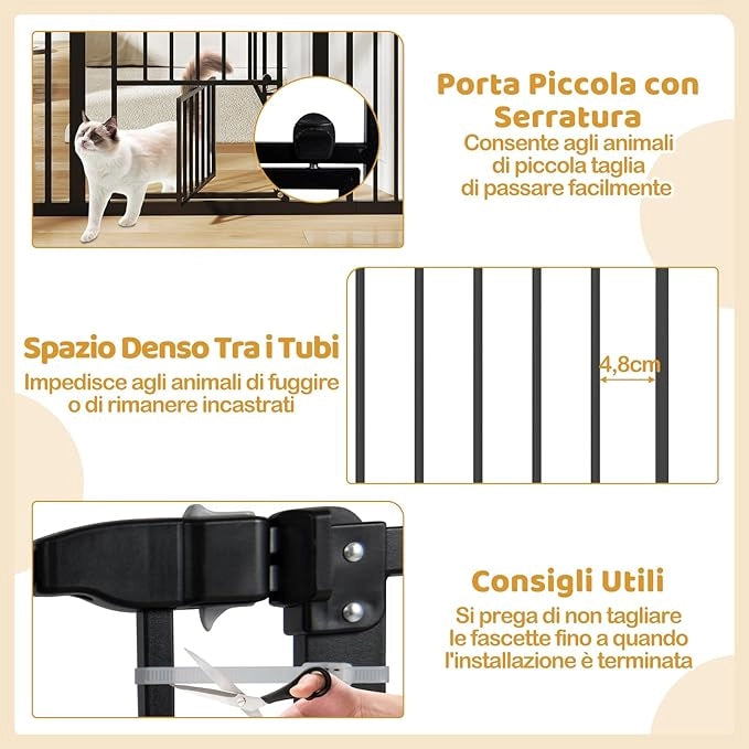 Cancelletto per Bambini per Aperture 74-104 cm, Cancello per Bambino con Porta Piccola, 2 Estensioni e Doppio Blocco, Cancelletto in Metallo da Interno per Cucina, Scale e Soggiorno (Nero)