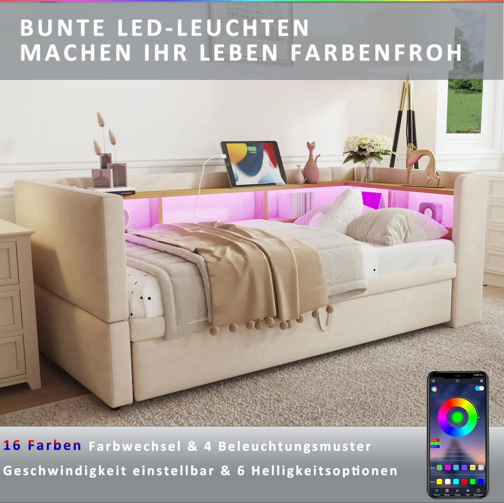 Divano letto 90/180x190 cm con LED; prese e vani portaoggetti in flanella beige