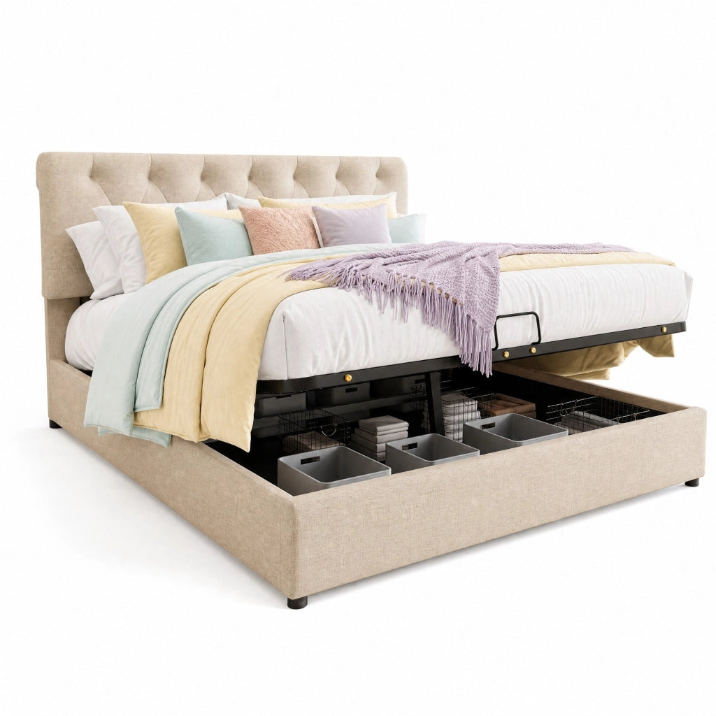 Letto matrimoniale imbottito 160x200 cm con contenitore; testiera regolabile e materasso; naturale