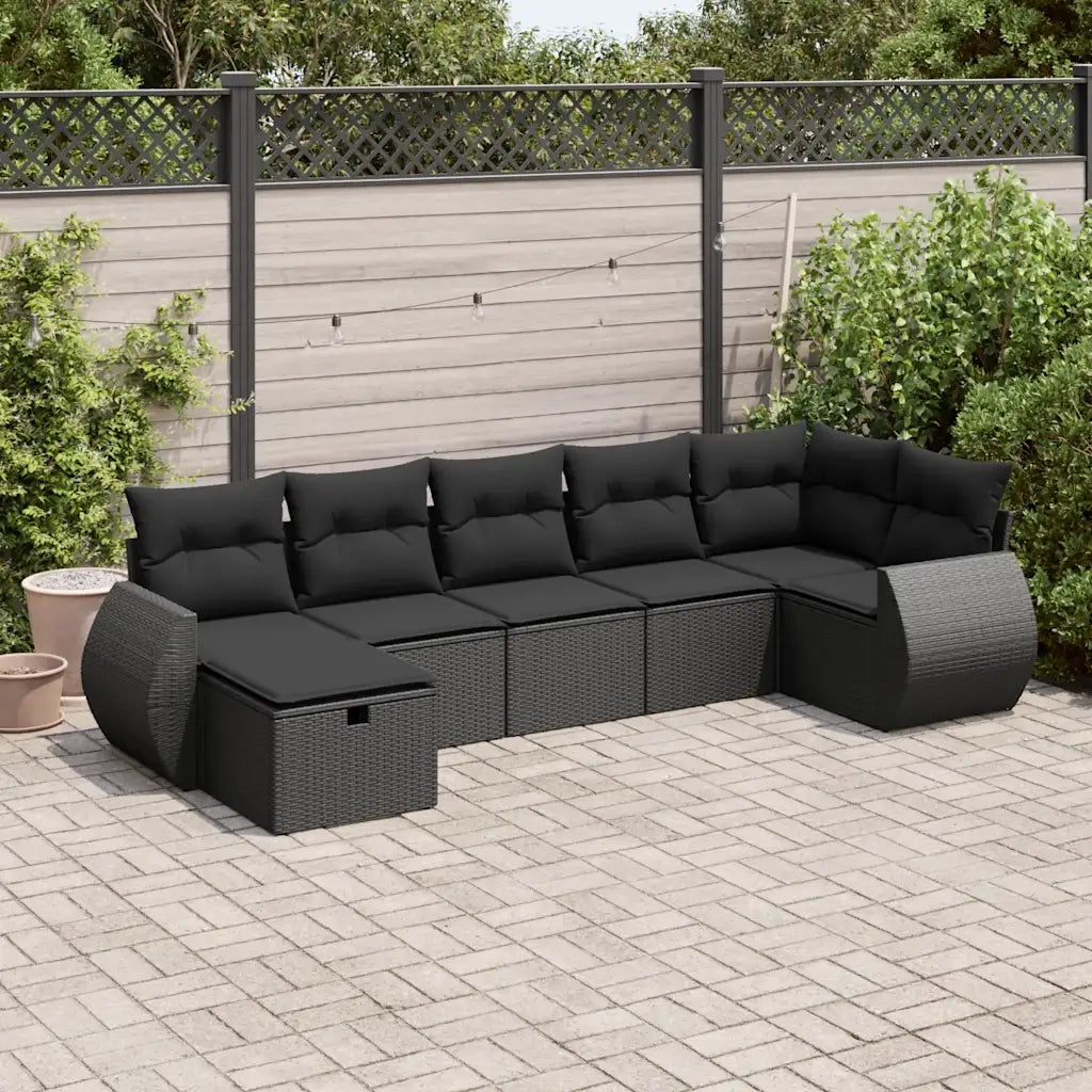 Set Divani da Giardino con Cuscini 7pz Nero Polyrattan
