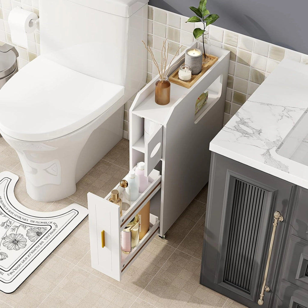 Credenza da Bagno Piccolo, Mobile Salvaspazio Stretto e Slim con Cassetto Scorrevole, Porta Fazzoletti, Portascopino e Ruote Bloccabile, Armadietto per Spazi Ridotti (Bianco)