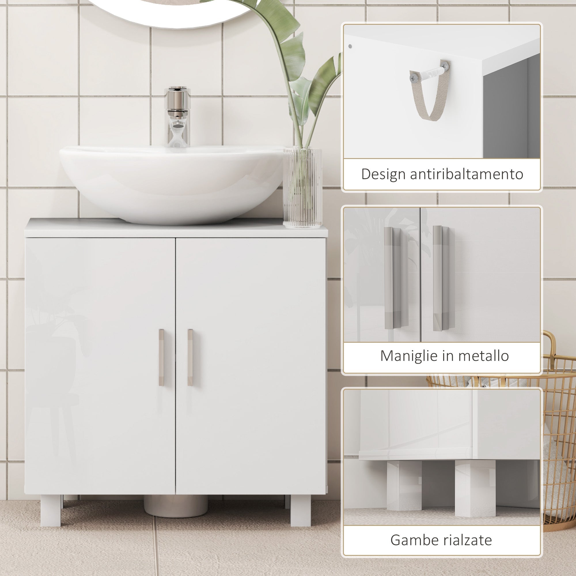 Mobile Sottolavabo da Bagno con Armadietto 2 Ante 60x35x60 cm in MDF Bianco