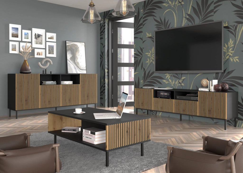 TAVOLINO DA CAFFÈ RAVENNA F IN MDF VERNICIATO NERO OPACO 90x60x45 ROVERE ARTIGIANALE STRUTTURA NERA