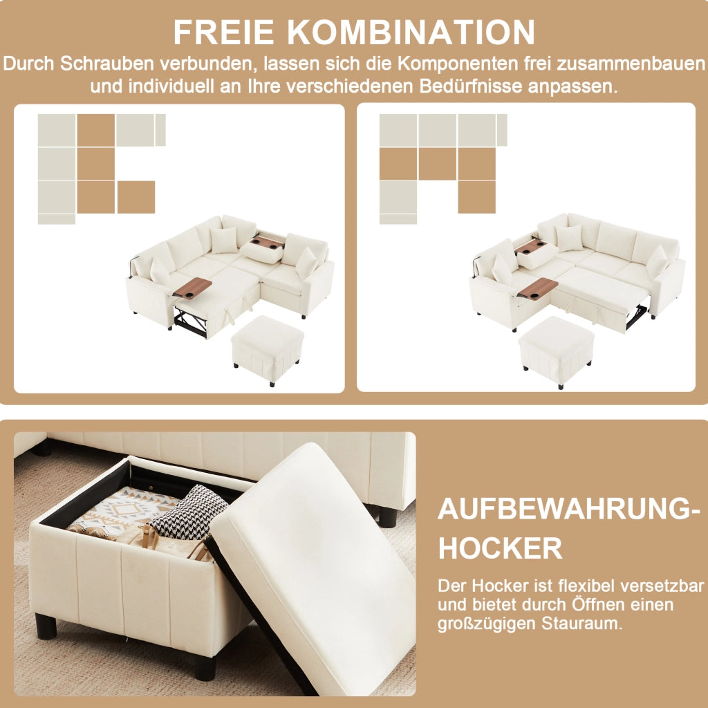 Divano angolare convertibile con letto estraibile, lampada da lettura e pouf contenitore in chenille beige 205 × 205 × 85 cm