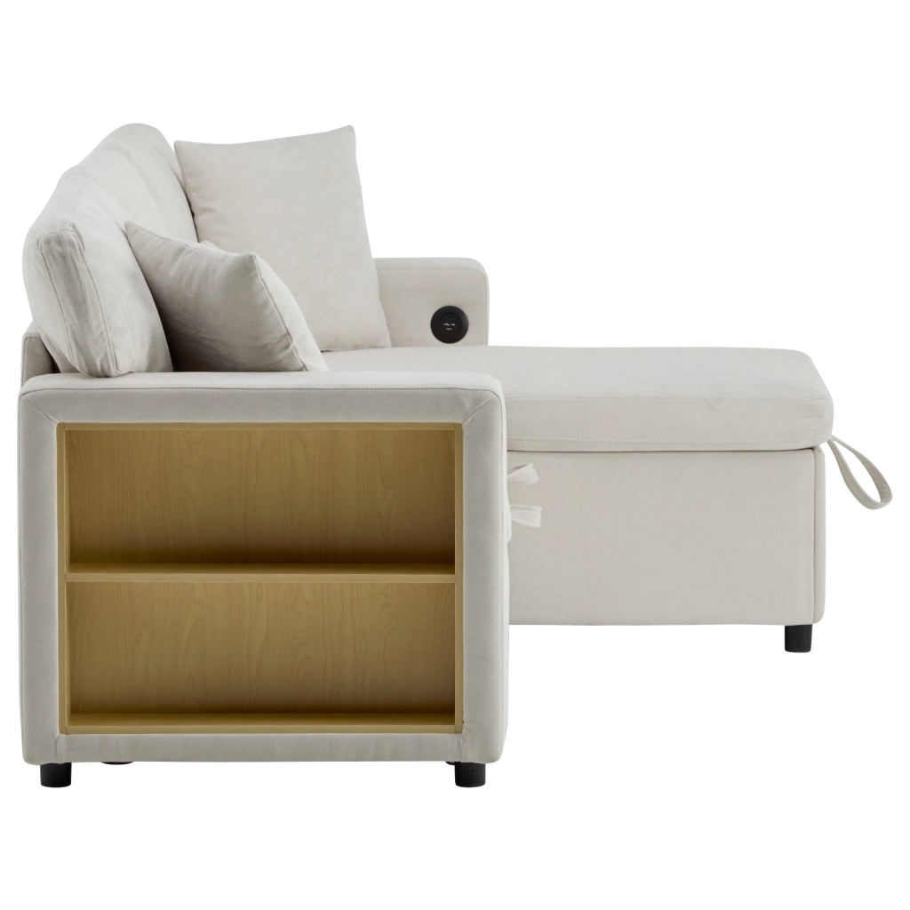 Divano letto angolare a 3 posti con USB; vano laterale e 3 cuscini; per soggiorno; in flanella; beige; 214 Ã— 131 Ã— 87 cm