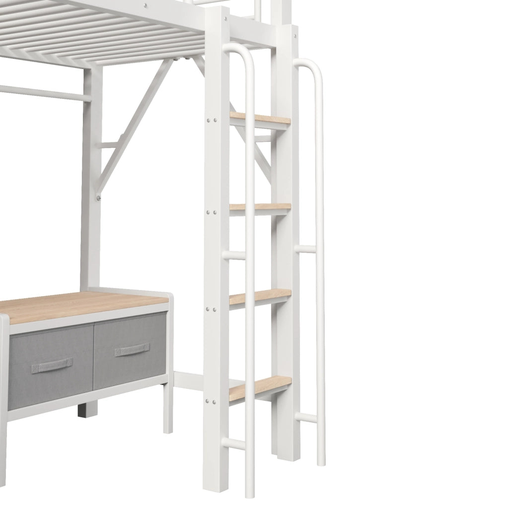 Letto a soppalco 90x200 cm con scrivania; ripiani; cassetti in tessuto; LED e USB; bianco