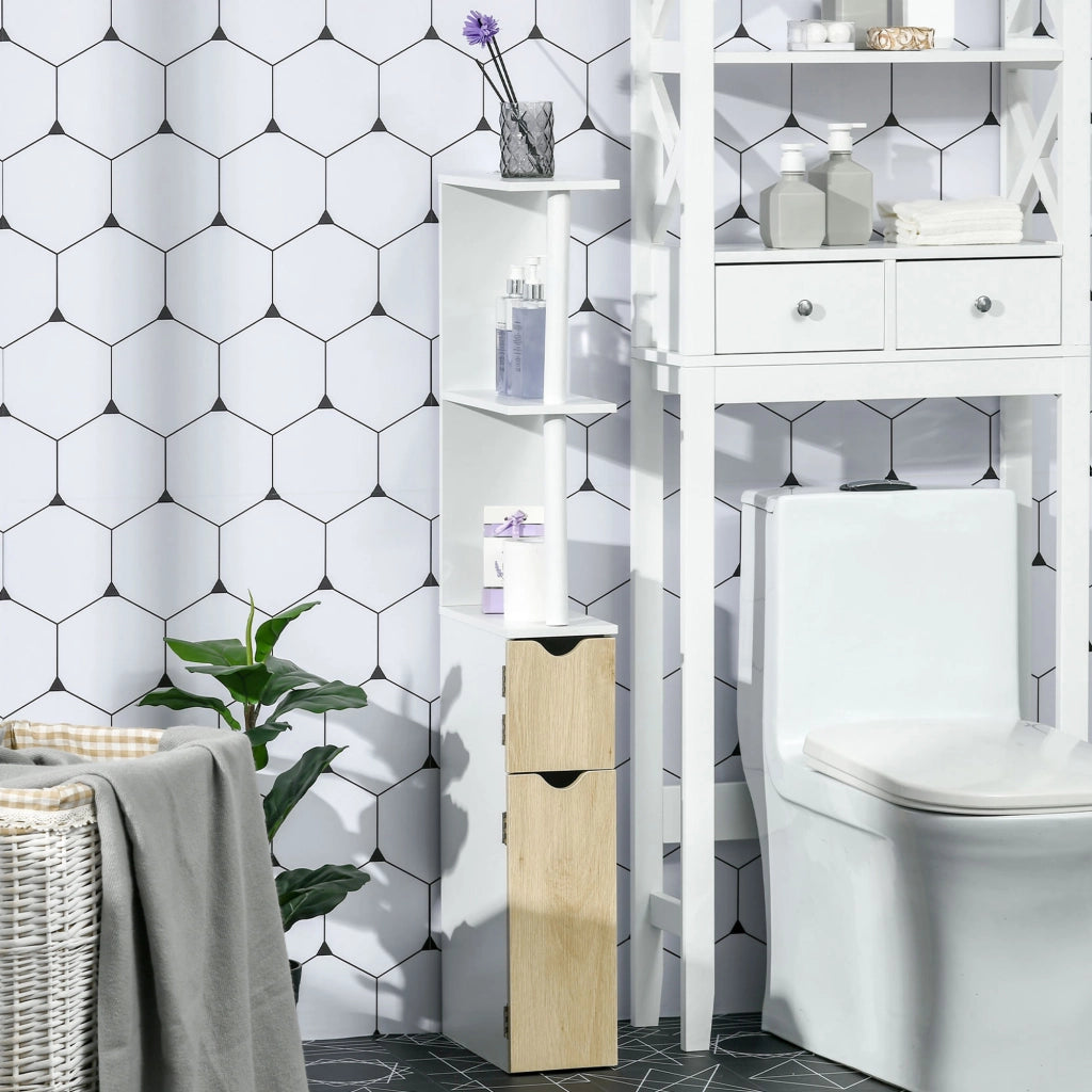 Colonna Bagno con 2 Ripiani e 2 Armadietti, Mobile Alto Salvaspazio 15.2x29.8x118 cm, Bianco e color Legno