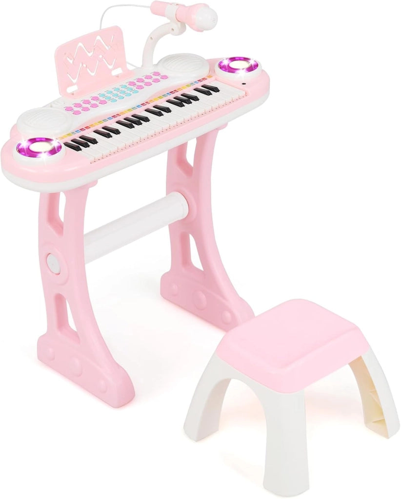 Set Pianoforte Digitale 37 Tasti per Bambini, Tastiera Elettronica con Microfono Sgabello, 8 Ritmi e 8 Strumenti, Funzioni di Record e Playback, Pianoforte Giocattolo per Ragazzi 3+Anni (Rosa)
