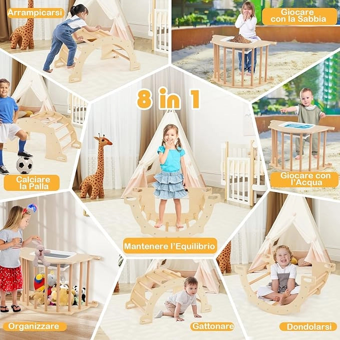 8 in 1 Arco da Arrampicata per Bambini, Altalena ad Arco in Legno con Contenitore Pieghevole, Palestra Montessori per Bambini 3 Anni + (80 × 47 × 41 cm)