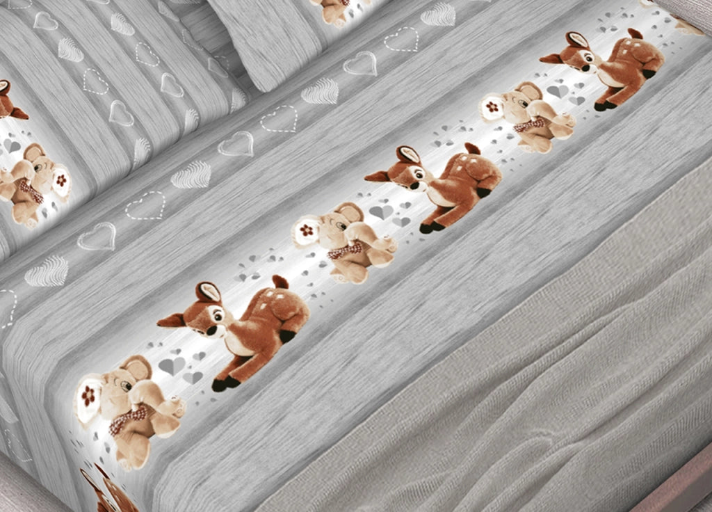 Completo Lenzuola In 100% Cotone Dis. Peluches Colore Grigio C.N. - Singolo - Grigio