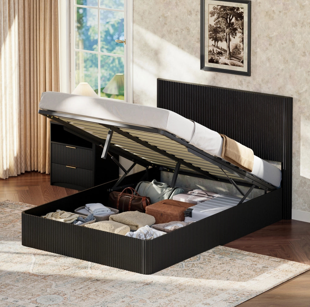 Letto 140x200 cm con contenitore e sollevamento idraulico in MDF e metallo nero