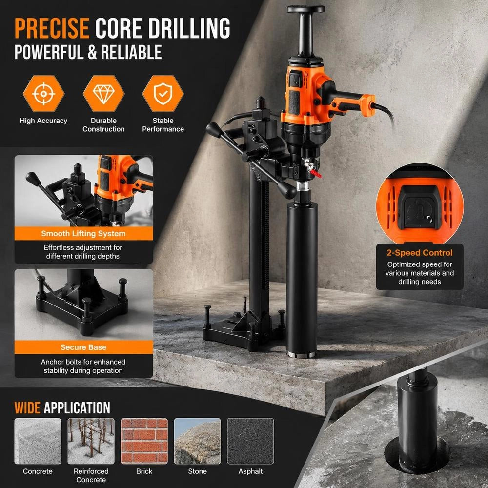 Diamond Core Drilling Machine, 2-16 Cm Drilling Diameter, Hand-held Diamond Core Drill With Stand And Core Drill Bit, 2000 W Concrete Core Drill, Wet And Dry Application, For Concrete
