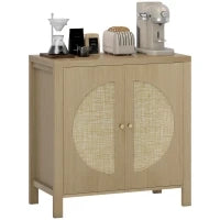 Credenza da Cucina con 2 Porte in Rattan, Scaffale Regolabile e 2 Maniglie 75x38x77 cm Legno Naturale