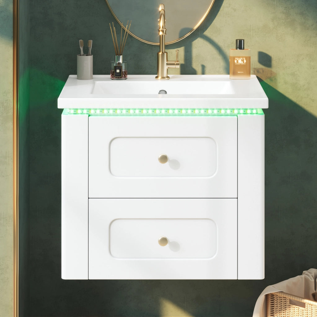Mobile bagno sospeso da 61 cm con LED; 2 cassetti e lavabo in ceramica