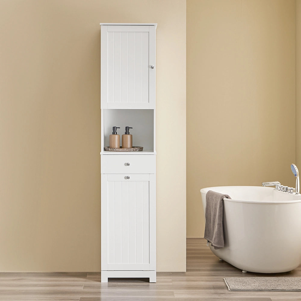SoBuy Mobile Bagno Salvaspazio Alto con Cesto Portabiancheria 45L – Colonna Bagno Stretto 40x38x180cm con Cassetto in MDF, Ripiano Aperto e Anta Mobiletto per Lavanderia o WC BZR216-W