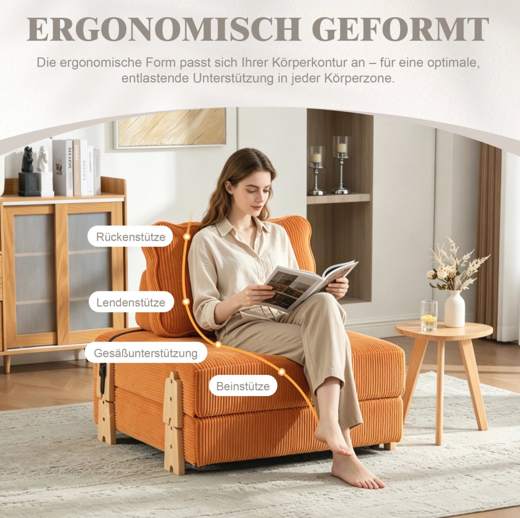 Poltrona pieghevole trasformabile in letto 90x86x84 cm in velluto a coste arancione