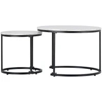 Tavolini da Salotto Rotondi Moderni Impilabili in MDF, con Struttura in Metallo, Dimensioni 50x70.5 cm+45.5x44 cm, Colore Marmo