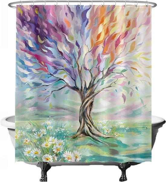 Douchegordijn a forma di albero - Riscaldabile - 1 pezzo - Blu Giallo Verde Azzurro - 180 x 200 cm