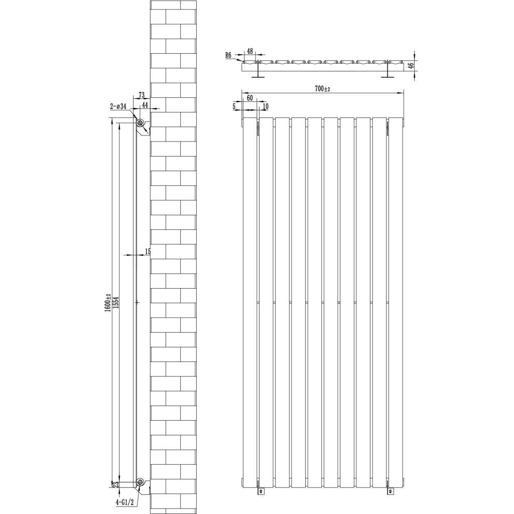 Radiatore Verticale 1600 x 700 mm con Valvole TRV Bianco