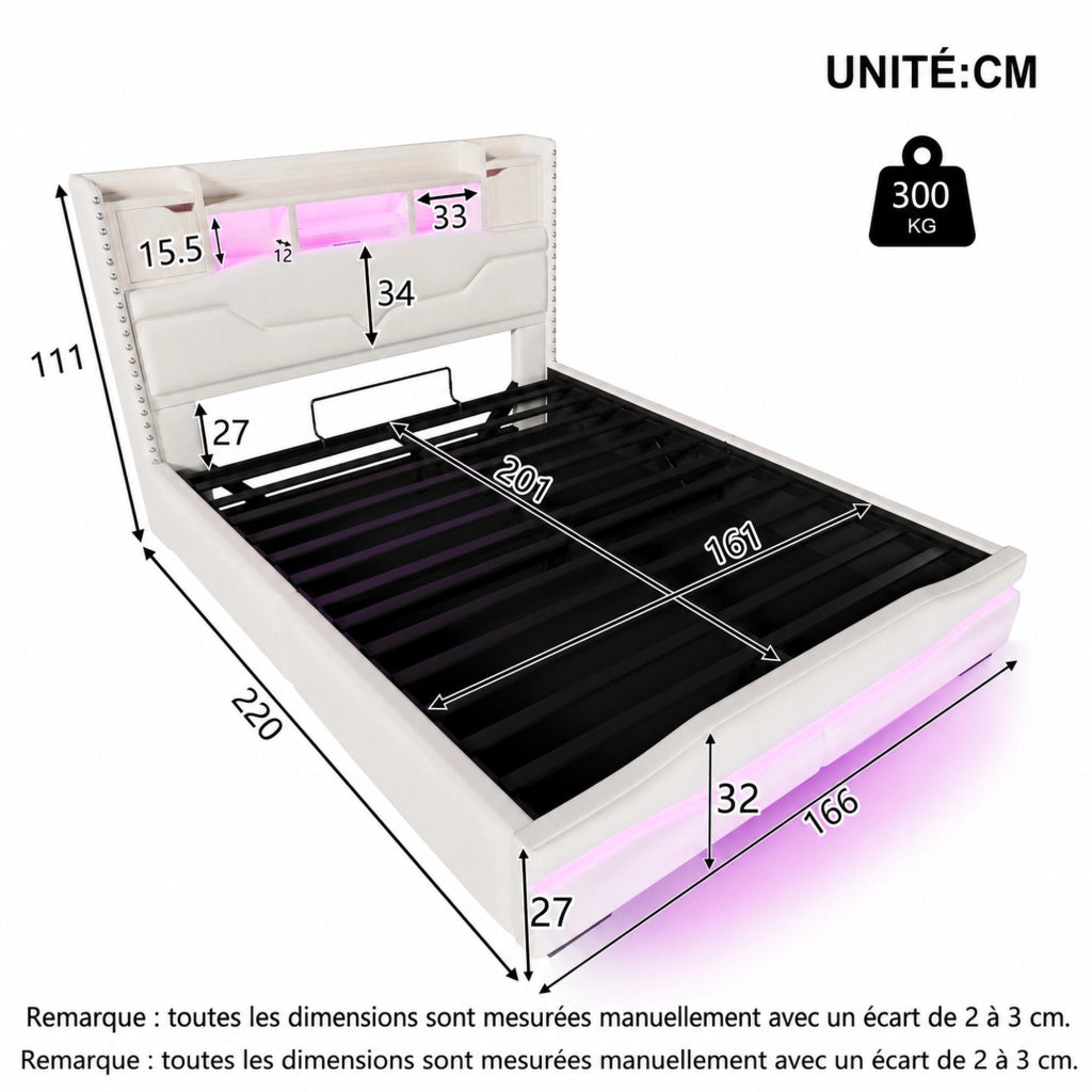 DESMIU Letto matrimoniale 160 × 200 cm con contenitore idraulico, LED, USB e Type-C, senza materasso, beige
