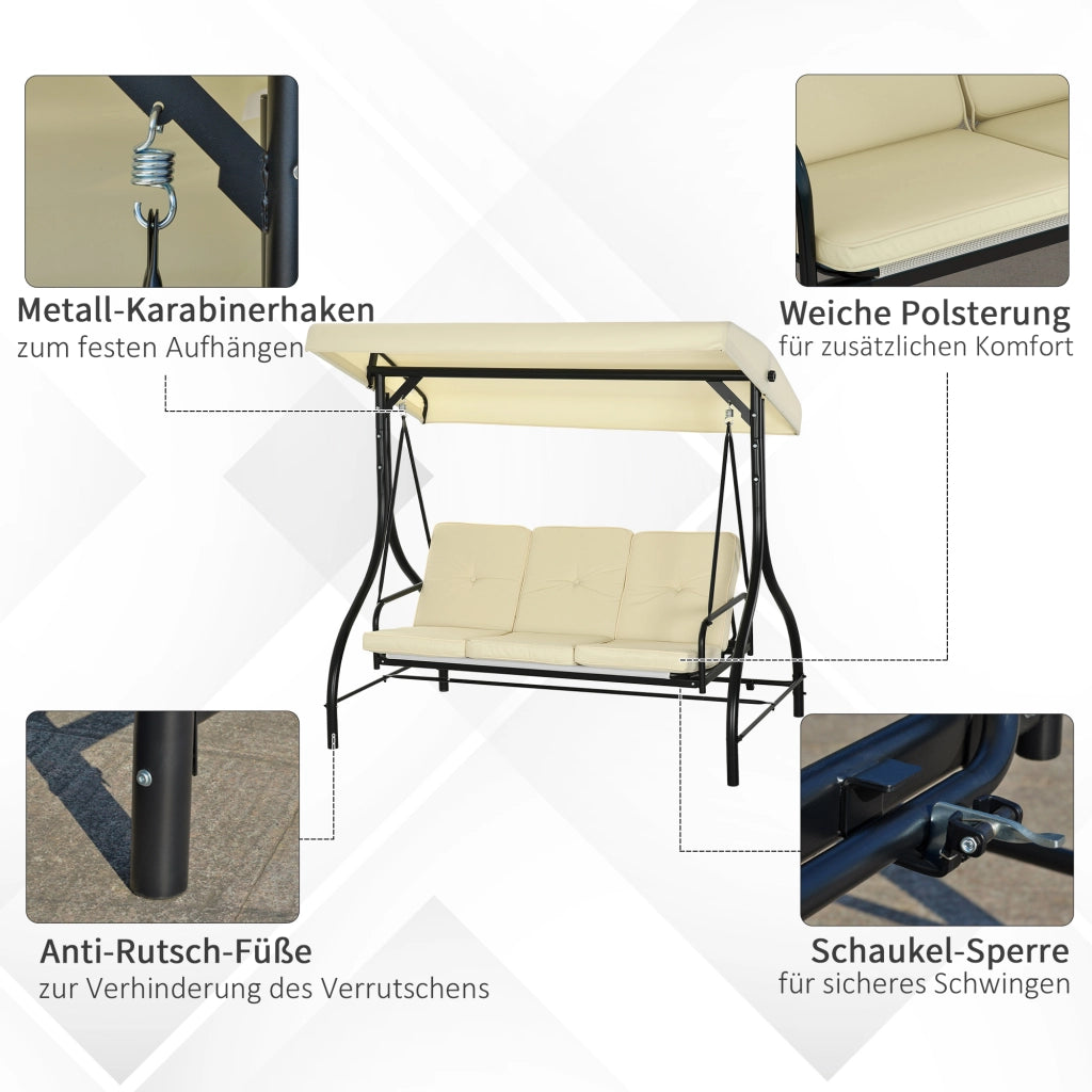 Altalena Hollywood a 3 posti con funzione reclinabile e parasole regolabile per giardino e patio beige