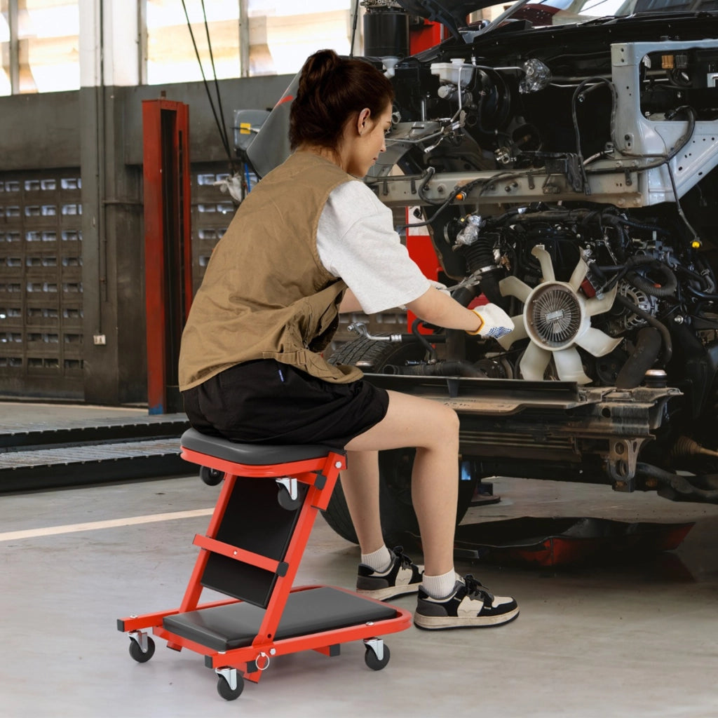 Sedia per meccanico 2 in 1 con sedile imbottito e 6 ruote, Sgabello da officina pieghevole a forma di Z Rosso
