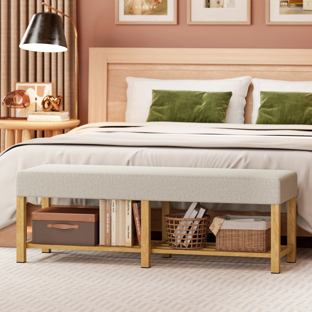 Panca Ingresso Legno Massello con Seduta Imbottita ¨C zephmum ¨C Naturale e Bianco Crema 140 cm
