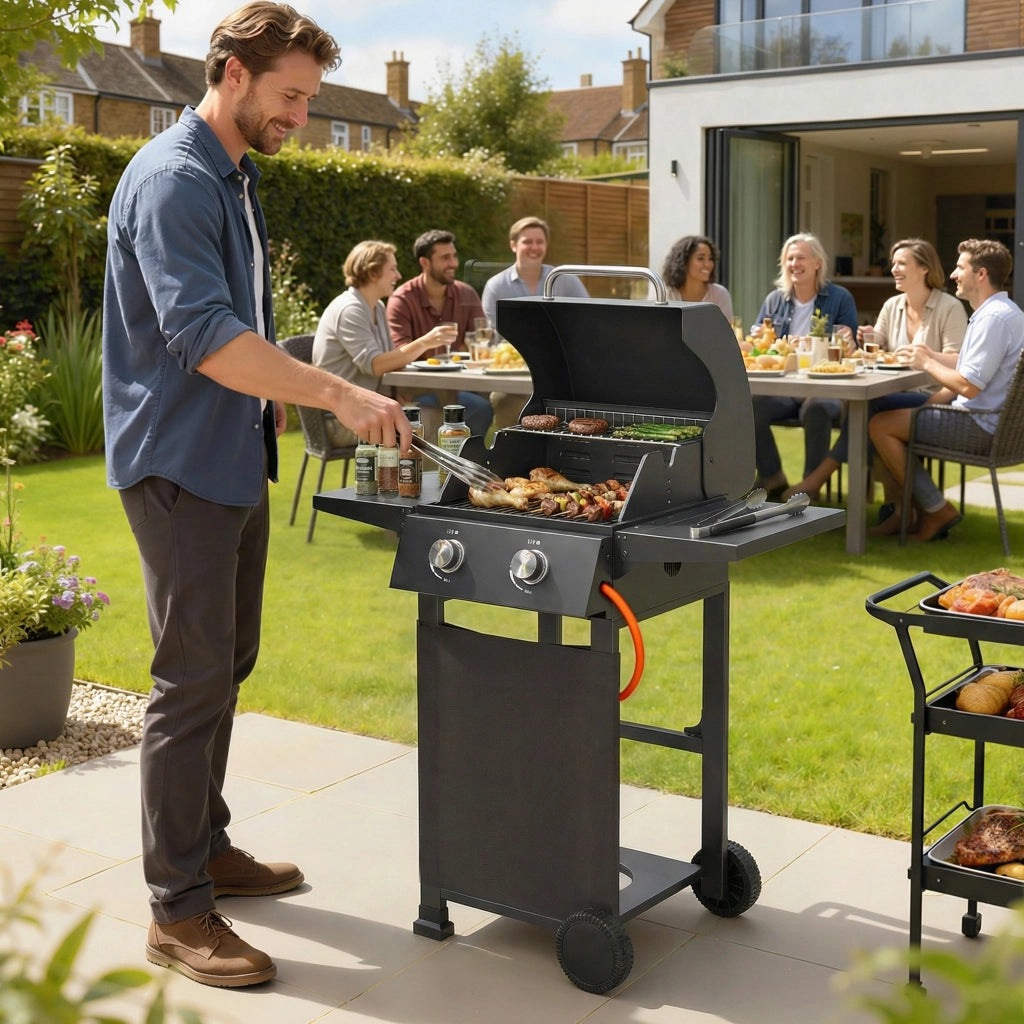 Barbecue a Gas Propano con 2 Bruciatori, Portatile, Termometro, Nero