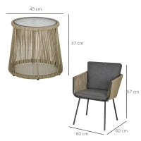 Set 2 Poltroncine con Tavolino da Esterno in Rattan PE Stile Boho, Cachi e Grigio