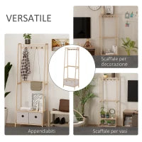 Appendiabiti in Legno Naturale con 4 Ganci, 3 Mensole e 2 Cassetti in Tessuto, 58x36x168cm