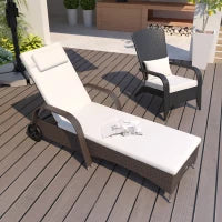 Lettino Prendisole da Giardino con Ruote, Sedia a Sdraio per Spiaggia con Altezza Regolabile in Rattan, Marrone e Crema, 200x73x103cm