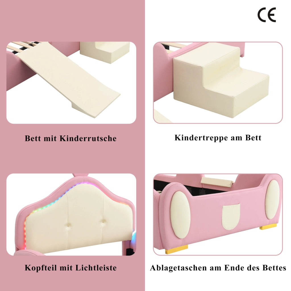 Letto imbottito per bambini con LED, scivolo e scala 90x200 cm