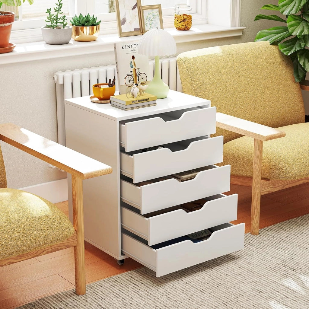 Cassetto da scrivania mobile con 5 cassetti da ufficio, mobile da ufficio, organizer con ruote, supporto per stampante per cartelle, documenti, documenti, carta, 48 x 39,5 x 69,5 cm (Bianco)