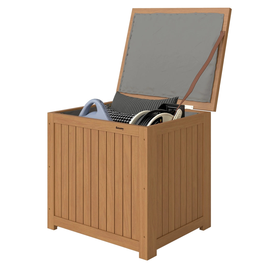 Cassapanca da Esterno 130L con Coperchio Cerniere e Cinghia, in Legno, 63x51x58.5 cm, Marrone