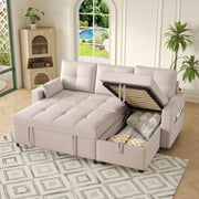 Divano letto angolare modulare L, estraibile, con contenitore, porta bicchieri e rivestimento in lino beige