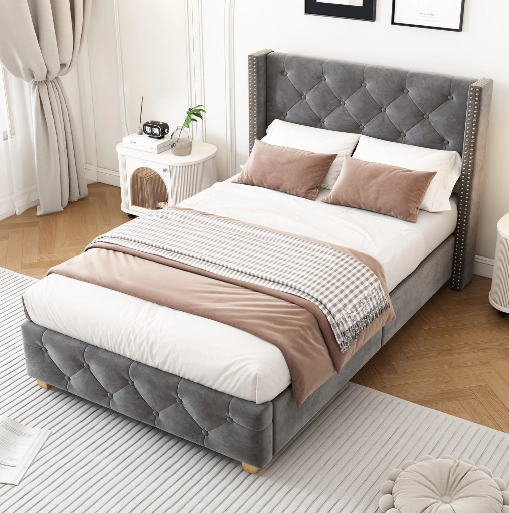 Letto singolo imbottito in velluto grigio 90x200 cm