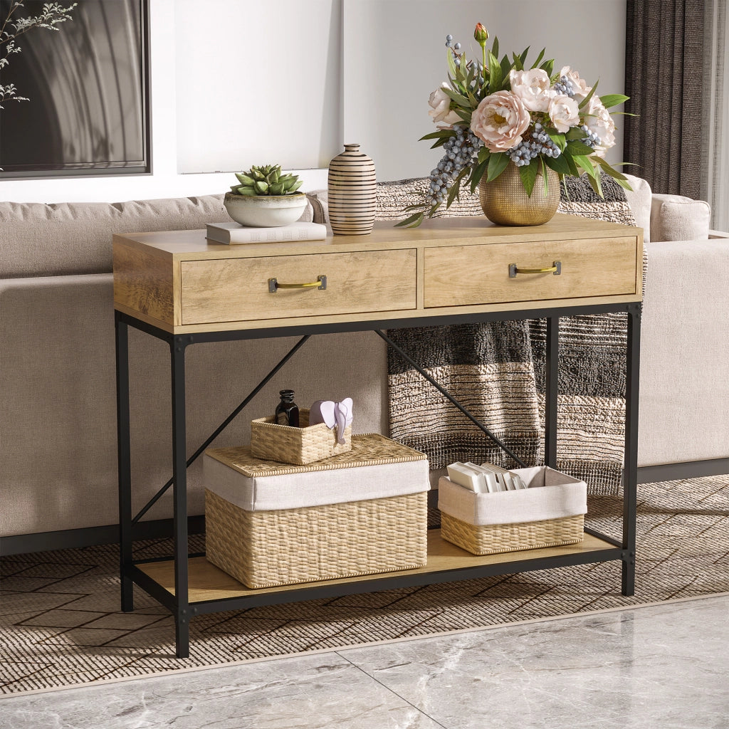 EasyComfort Tavolo Consolle Stile Vintage in Metallo e Legno con 2 Cassetti e Mensola, 100x35x76.5cm, Marrone