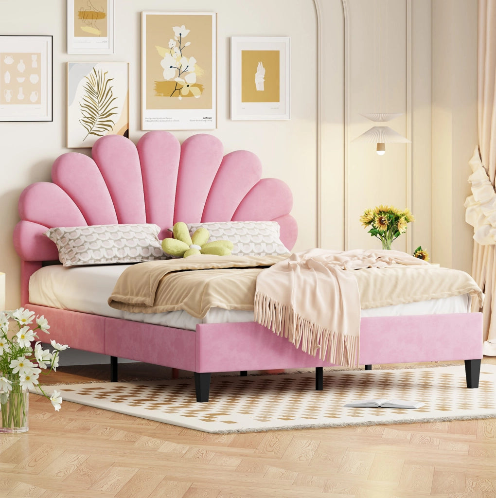 Letto matrimoniale imbottito 140x200 cm; testiera floreale; velluto rosa (Senza materasso)