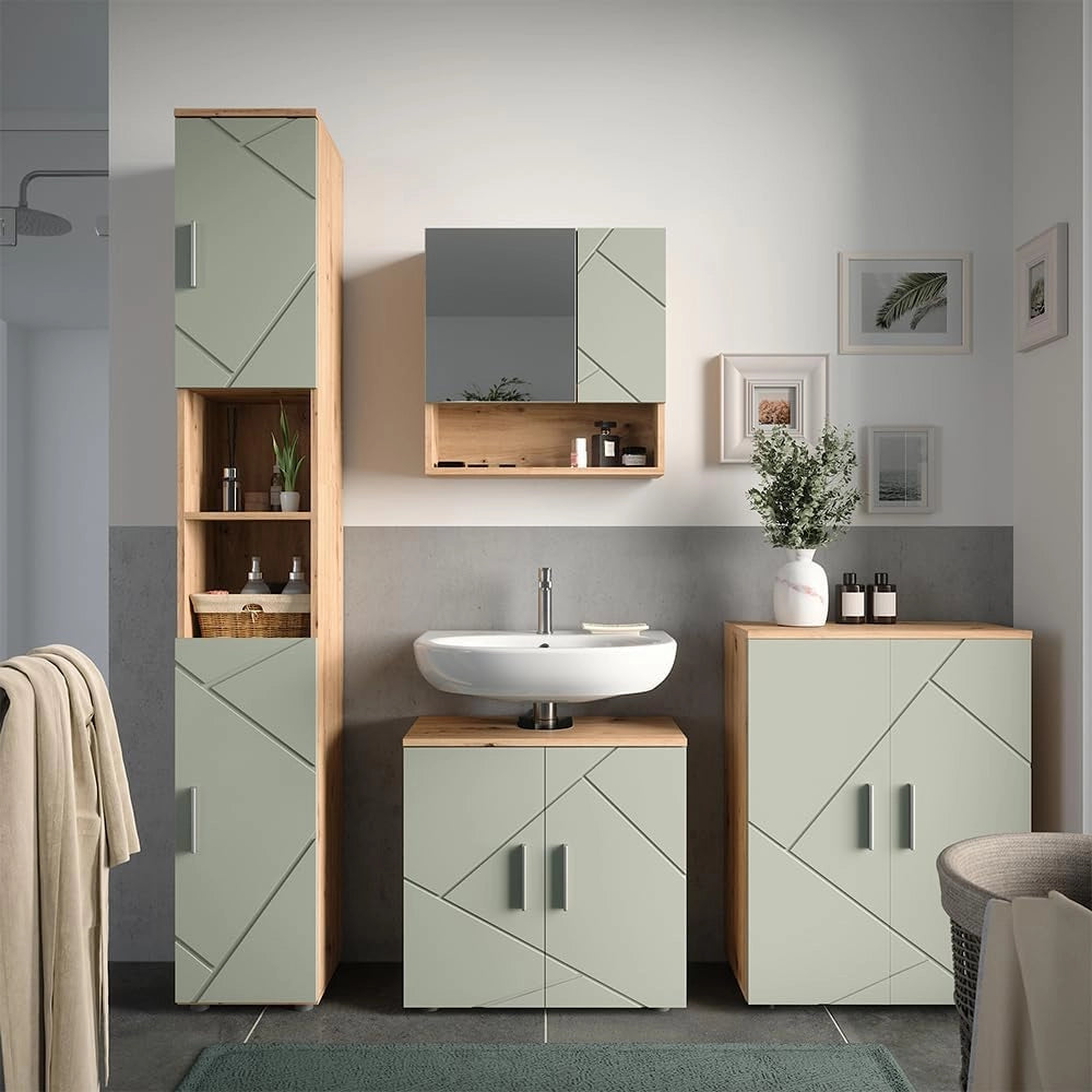 Set di mobili da bagno Irma, Verde salvia, 60 cm, composto da mobile lavabo, pensile a specchio, colonna e base media