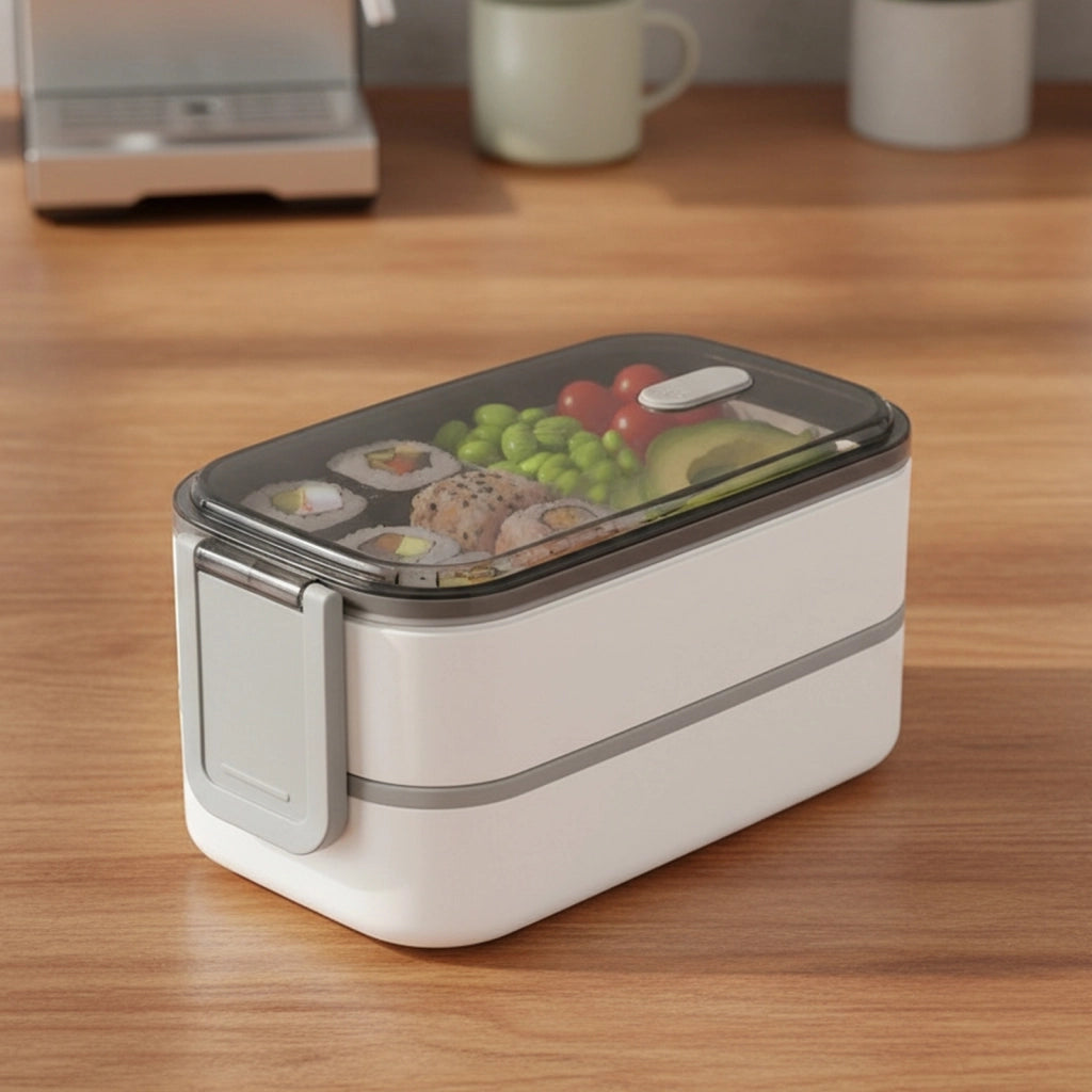 Contenitore per alimenti a doppio scomparto a 2 livelli con coperchio ermetico Bianco / Grigio Cheffinger