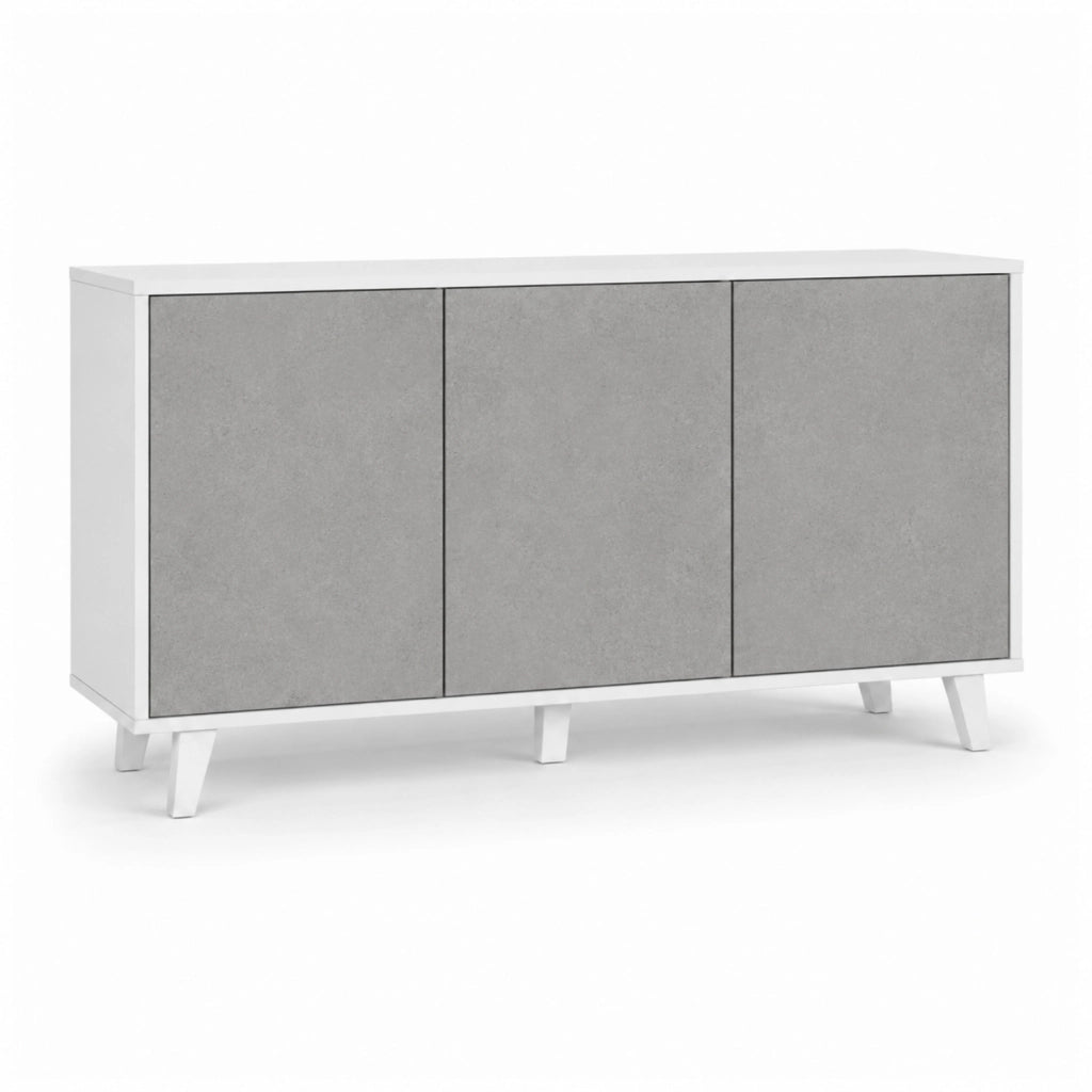 Credenza Moderna Con 3 Ante Battenti Senza Maniglie Mobile Contenitore In Melaminico Per Ingresso Soggiorno E Salotto 154 X 41 X 75 Cm Bianco E Grigio Cemento
