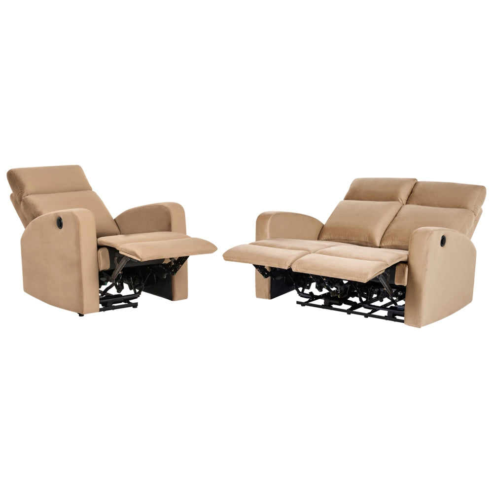 Set divano reclinabile elettrico a 2 posti rivestito in velluto marrone chiaro, poltrona e divano, design moderno, funzione relax