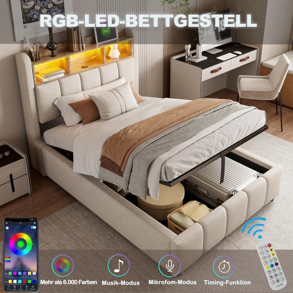 LETTO Imbottito 90x200 cm Beige in tessuto di lino con LED, USB e contenitore