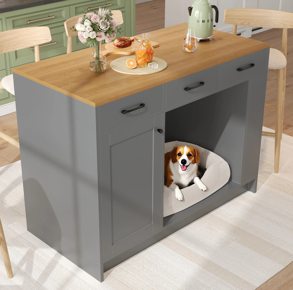 Carrello da cucina grigio con area per animali e 3 cassetti
