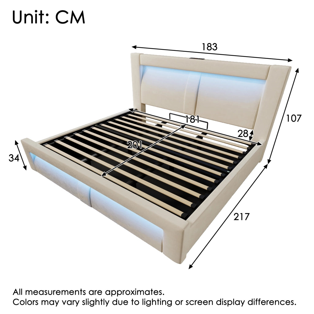 LETTO matrimoniale 180x200 cm con contenitore, LED, USB e Type-C, velluto beige